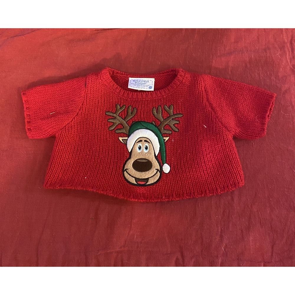 Build A Bear Red Sweater Moose Reindeer Christmas Holiday Embroidered Teddy Top